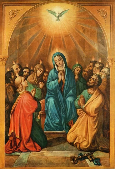 Nossa Senhora Rainha dos Apóstolos no Cenáculo, com os apóstolos reunidos em oração